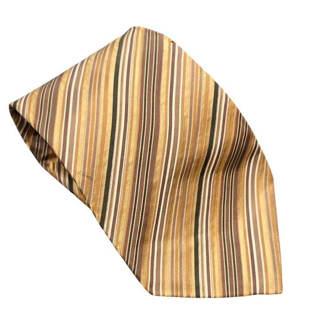 Geoffrey Beene Silk Necktie Mens Gold Tan Brown Striped Stain Resistant Handmade